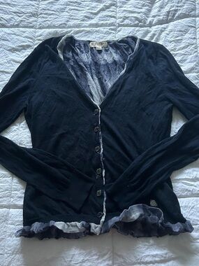Burberry Navy and Light Blue Sheer Pleated Blouse